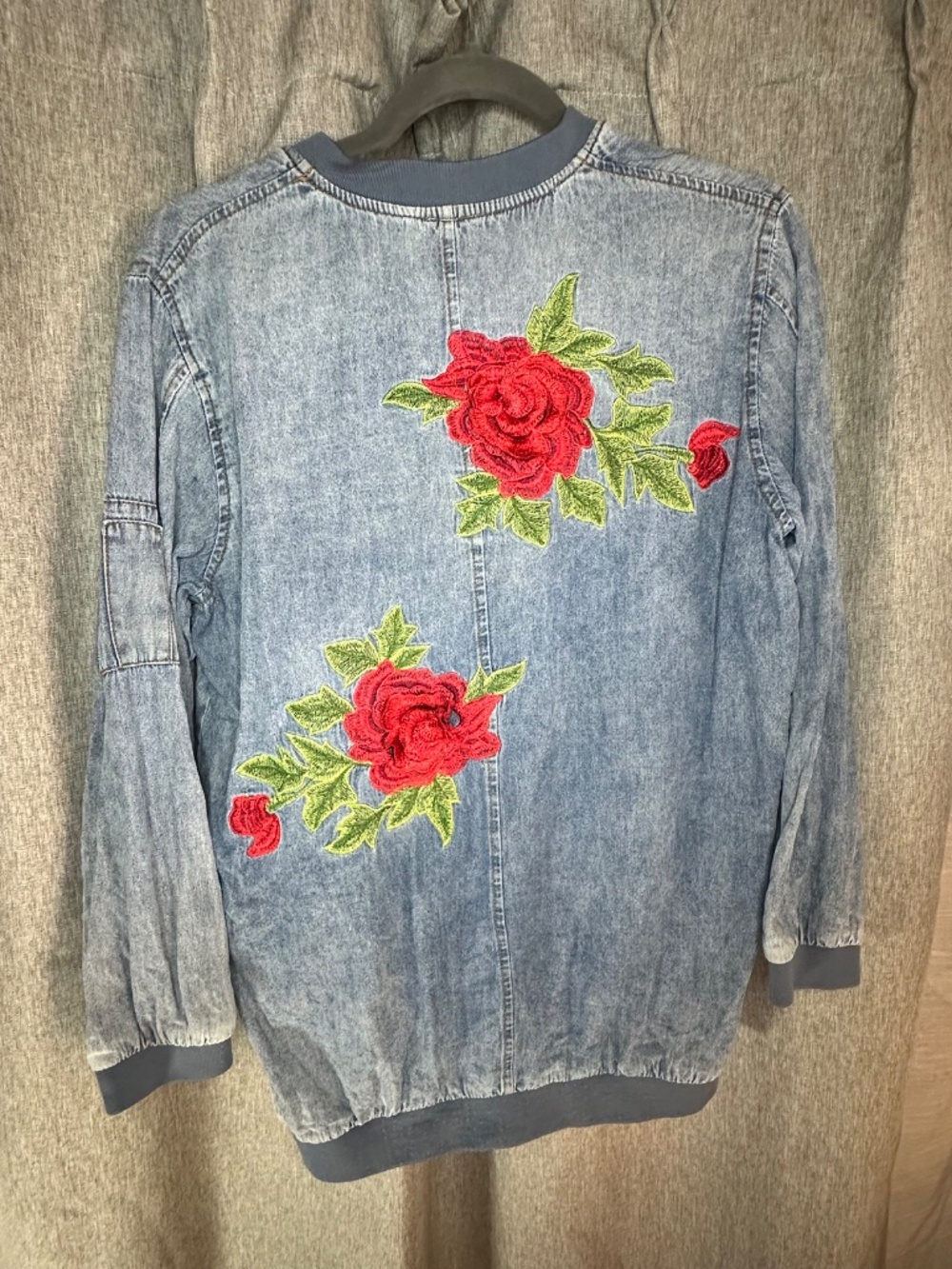 Hayden Girls Acid Wash Denim Bomber Jacket Rose Embroidered Size 13/14 XL